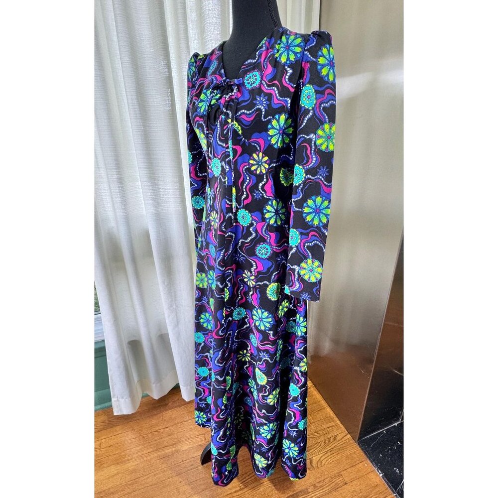 Vintage 70s dress, blue, teal, pink, green, black floral, funky maxi